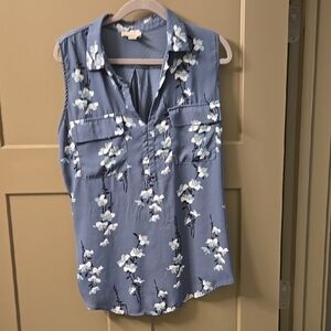LOFT Blue Sleeveless Blouse with Notched Collar